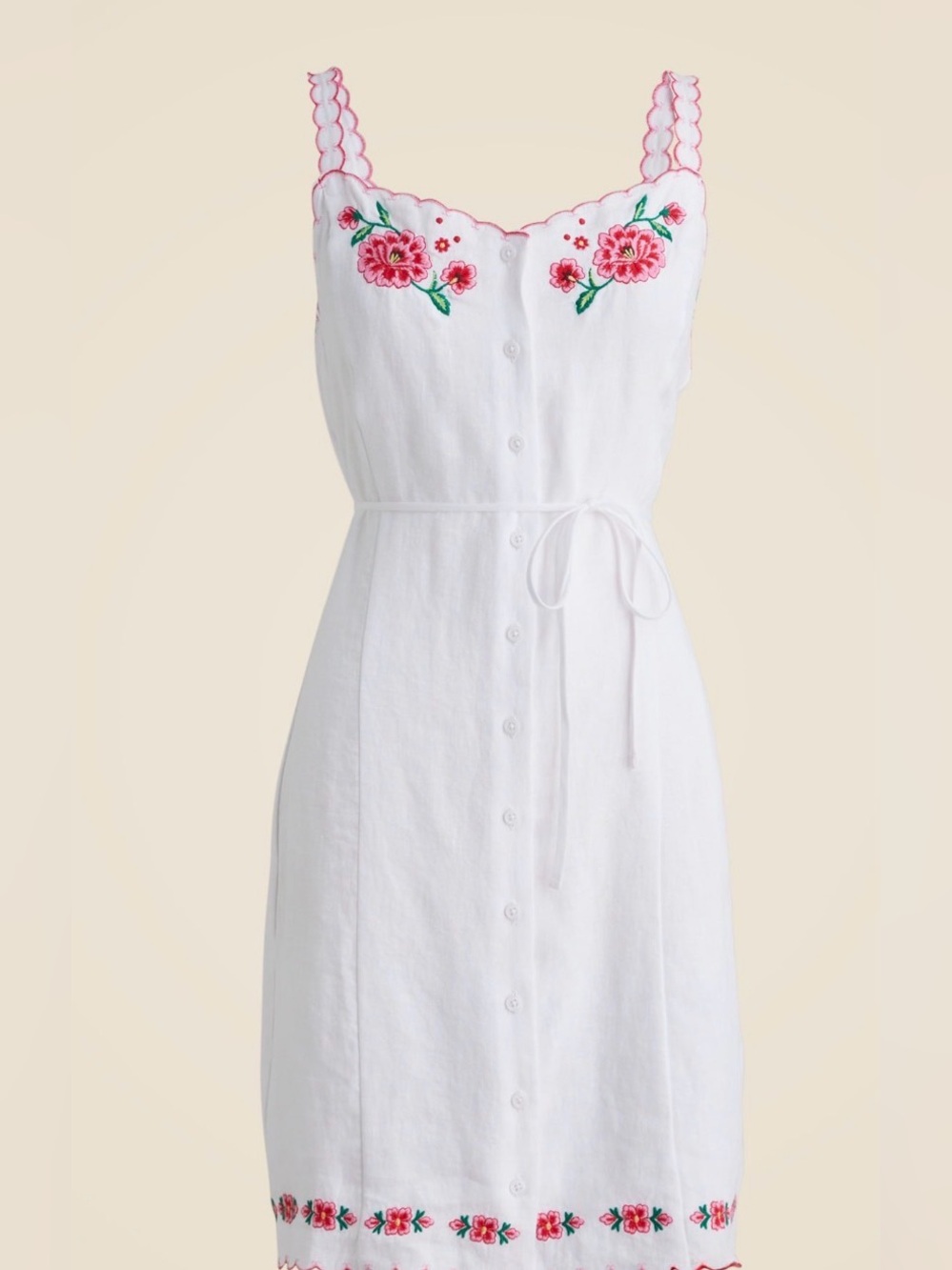 JCREW White Linen Button-Front Slip Dress with Pink Floral Embroidery
